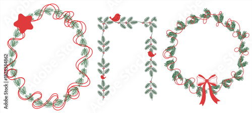 Christmas Pine Wreath Frames Clipart | Holiday Evergreen Borders with Ribbons, Birds and Berries | Festive Decorative Frame Set