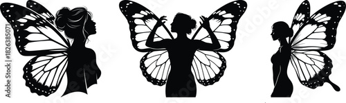 Three elegant female silhouettes with intricate butterfly wings, representing fairies or mythical creatures, isolated on
