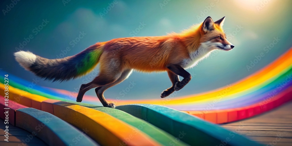 Obraz premium A vibrant fox with a rainbow-hued tail leaps gracefully across a colorful arc, a whimsical journey of imagination and color