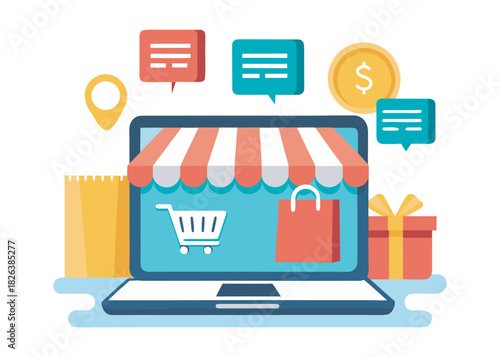 online shopping concept on laptop computer, e-shopping and e-commerce, online digital store with goods, vector flat graphic illustration