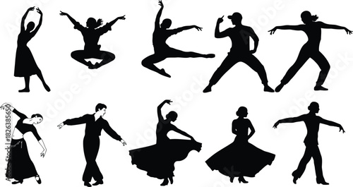 Dynamic silhouettes of diverse dancers in various poses, showcasing different styles of movement and artistic expression, isolated on