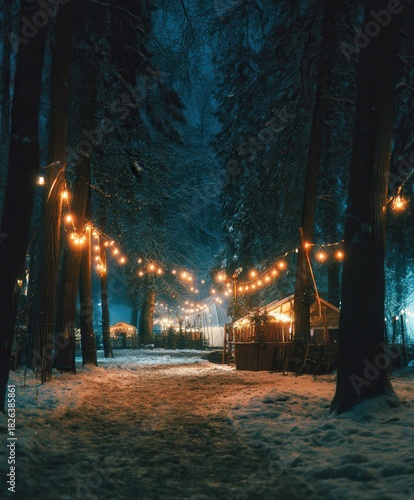 Night forest Christmas market fully lit with warm garlands and lanterns