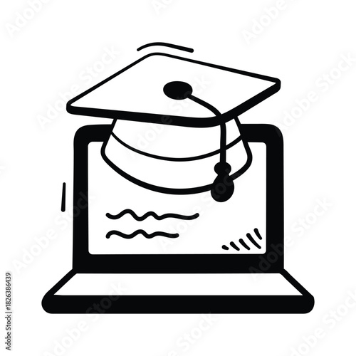 Graduation cap on laptop denoting elearning, digital classes and virtual education doodle style icon
