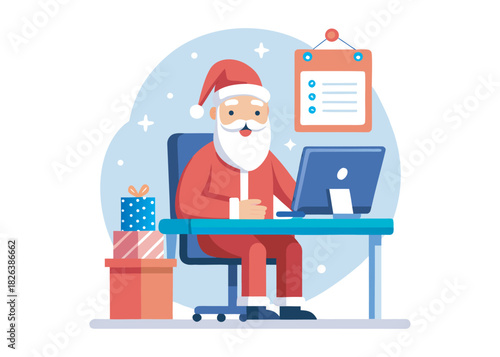 Santa Claus sitting at the desk and making the order on a computer screen at his office on the Christmas holiday, online shopping or winter sale concept, vector flat illustration logo 
