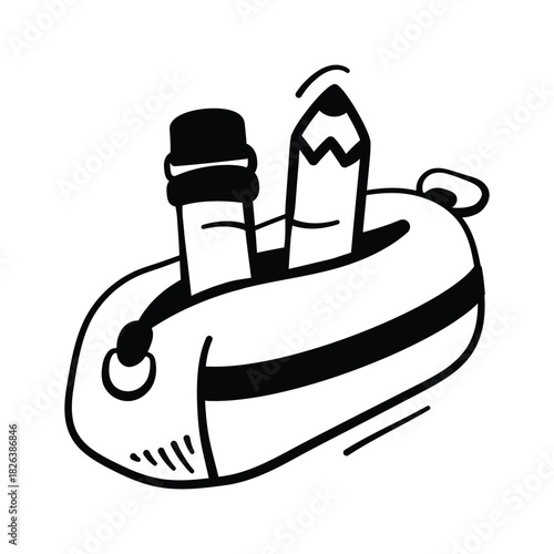 Pencil case doodle illustration, organized school stationery, writing tools