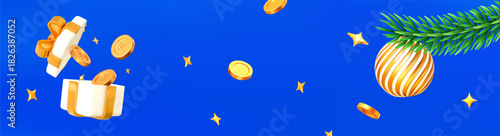3d open gift box with flying gold coins and stars with Christmas tree branches on blue isolated background. Horizontal banner. Stock vector illustration.	