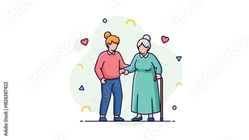 Young Person Assisting Elderly Woman with Cane, Caregiving Vector Illustration