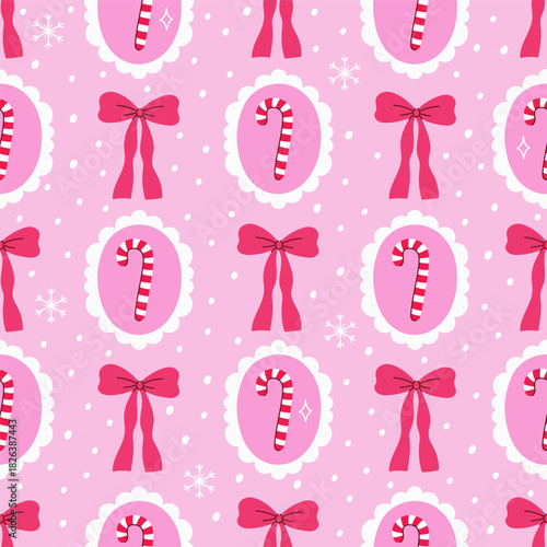 Seamless pattern with lollipop canes and bows. Vector graphics.