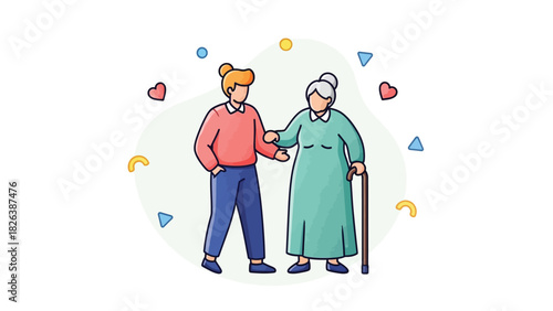 Young Person Providing Assistance and Support to Elderly Woman with Walking Cane - Flat Vector Illustration