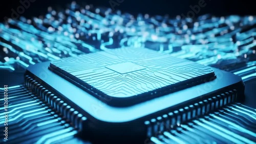 Close-up of a futuristic microchip surrounded by glowing circuitry patterns