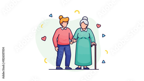 Young Person Supporting Elderly Woman Walking with Cane. Caregiver Assistance and Senior Support Illustration.