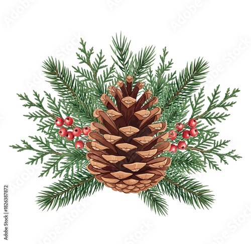 Watercolor Christmas Poinsettia Floral Illustration, Holiday Botanical Arrangement on White