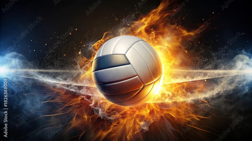 Naklejka premium Fiery Volleyball Burst A Dynamic Image of a Ball Engulfed in Flames and Surrounded by Energetic Particles