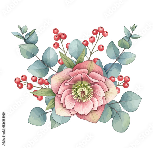 Watercolor Christmas Poinsettia Floral Illustration, Holiday Botanical Arrangement on White