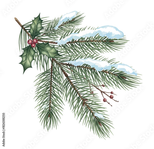 Watercolor Christmas Poinsettia Floral Illustration, Holiday Botanical Arrangement on White