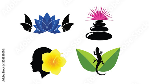 Nature and Wellness Logo Collection Vector Set: Lotus, Zen Stones, Woman with Hibiscus, and Gecko on Leaves Icons