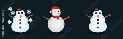 Cute snowman icon set. Christmas cartoon snowmen with hats and winter decorations