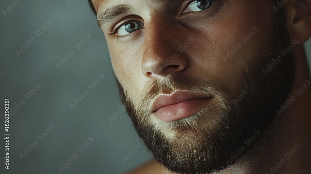 Fototapeta premium Young man with a beard looking downwards at camera.