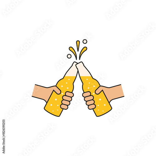 Beer toast hand icon. Hands holding beer bottles. Clink, cheers and toasting. Outline vector illustration white background. Two bottles of beer are held in hands. 