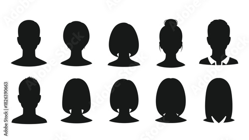 Set of 10 Generic Avatar Silhouettes with Diverse Hairstyles for User Profiles or Icons: Male and Female Head and Shoulder Shapes