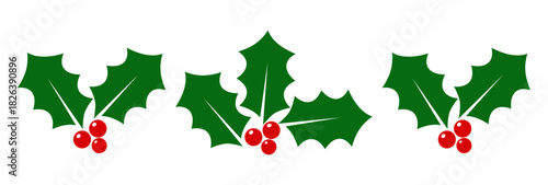 Holly Berry Icons Set, Christmas Logo With Holly Berries