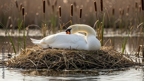 Elegant Mute Swan Nesting in Marshland Habitat.