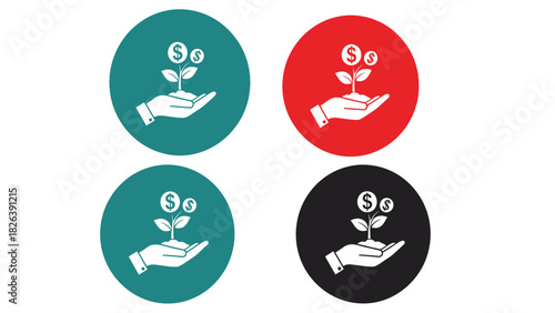 Financial Growth Icons Set - Hand Holding Money Plant Startup Investment Symbol in Four Color Options
