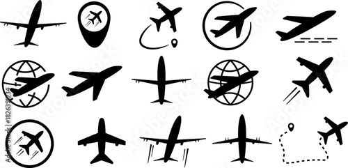 Minimalist vector icon set of airplanes in black and white. featuring diverse aircraft silhouettes in flight, over globes, and paired with navigation markers. The Concept of Air Lines and Travel