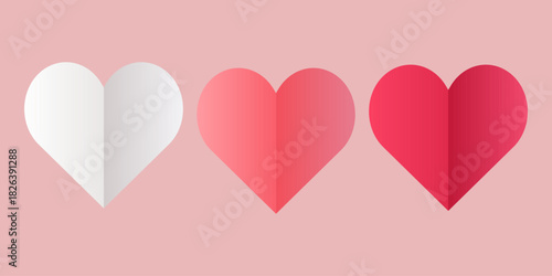 Three hearts with a gradient of white, pink, and red. Concept for the holiday, Valentine's Day, and Christmas.