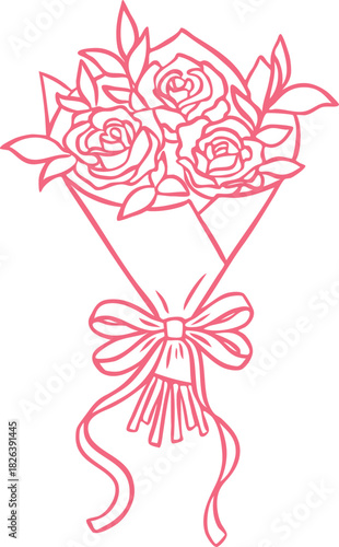 Rose flowers wrapped bouquet with leaves decorated with ribbon bow vector line art, pink doodle blossom beautiful plan