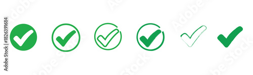 Green check mark and red cross icon set. Circle and square. Tick symbol in green color, vector illustration. 
