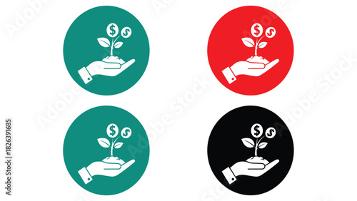 Financial Growth Vector Icon Set: Hand Holding Money Plant with Dollar Signs in Blue, Red, Green, and Black Circles