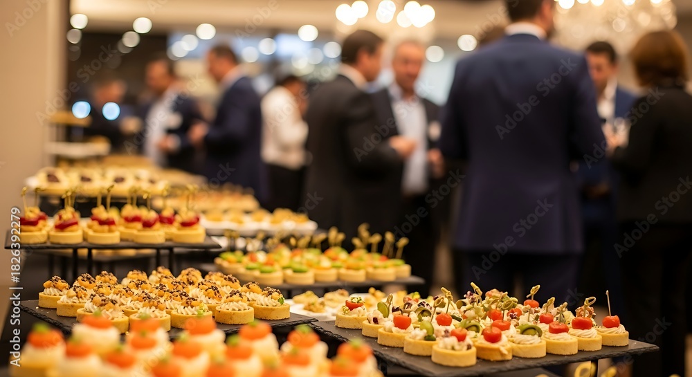 Fototapeta premium Catering service offering a variety of gourmet canaps and appetizers displayed on a buffet table during a corporate event or reception with blurred business people in background