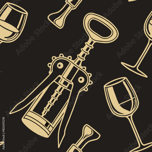 Wine corkscrew and glasses seamless vector pattern on dark background, for packaging design
  