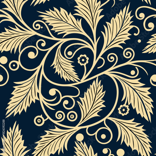 Floral seamless vector pattern with intricate swirls on dark navy background  