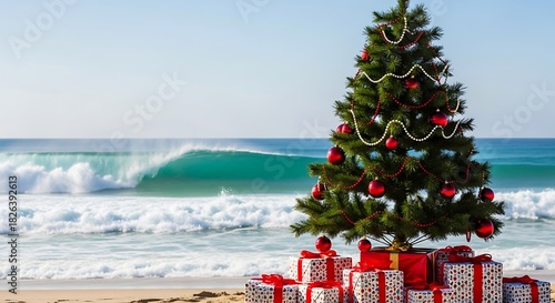 Fototapeta Naklejka Na Ścianę i Meble -  Christmas tree on a tropical beach with gifts and ocean wave
