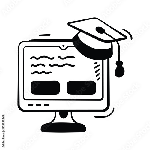 Graduation cap on computer denoting elearning, digital classes and virtual education doodle style icon