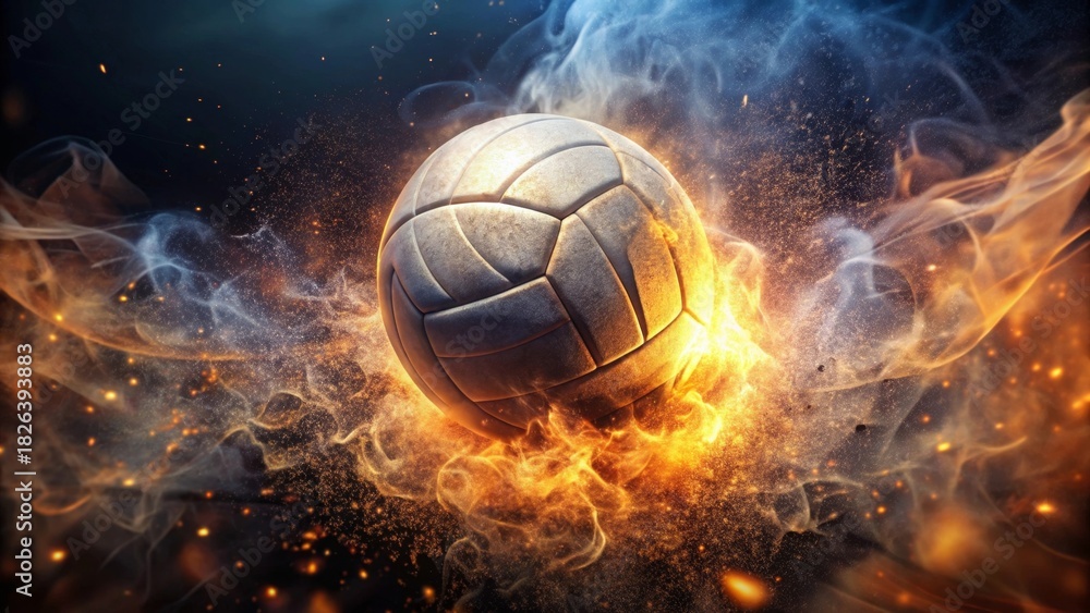 Fototapeta premium Fiery Volleyball Explosion A Dynamic Image of a Sport Ball in Blazing Combustion and Smoky Trails