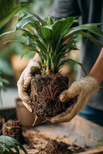 Gloved hands carefully holding houseplant with exposed root system removed from pot concept of repotting gardening and home plant care