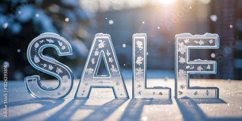Large ice letters spelling sale with snowflakes in winter sunlight