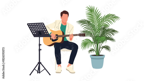 Young Man Playing Acoustic Guitar While Seated Beside a Potted Palm Plant and Music Stand, Vector Illustration