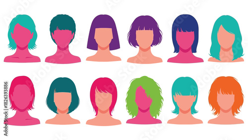 Colorful Female Avatar Collection with Diverse Modern Hairstyles - Set of 10 Vector Illustrations