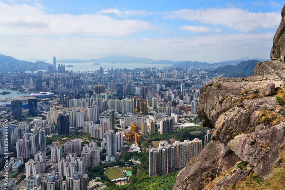 Fototapeta premium Hong Kong cityscape with public housing residential estates in Kowloon Bay District of Kowloon, Hong Kong. View from Sunset Ridge rocks.
