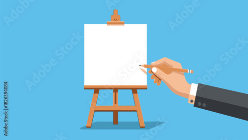 Hand Drawing on Blank White Canvas on Wooden Easel with Pencil. Idea, Creativity, and Presentation Concept Vector Illustration