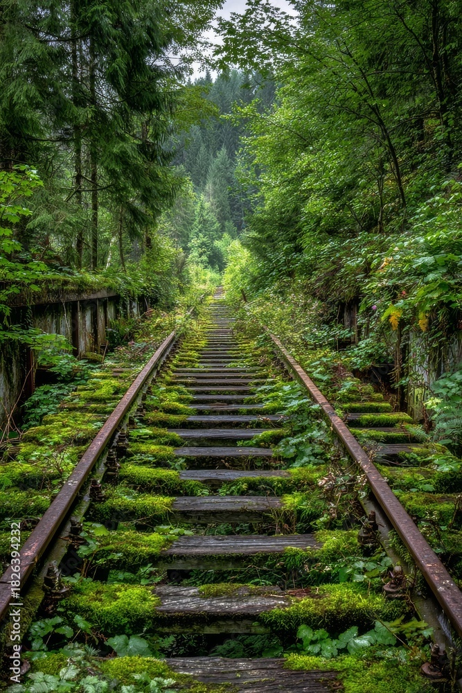 Obraz premium Overgrown railway tracks leading through a dense forest on a cloudy day near a mountain