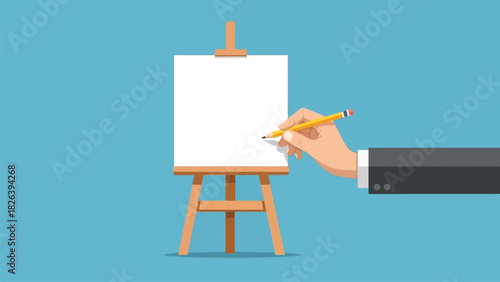 Hand Holding Pencil Drawing on Blank White Canvas on Wooden Easel Vector Illustration