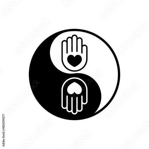 Yin yang symbol with hearts. Hands holding heart icon. Isolated vector illustration.