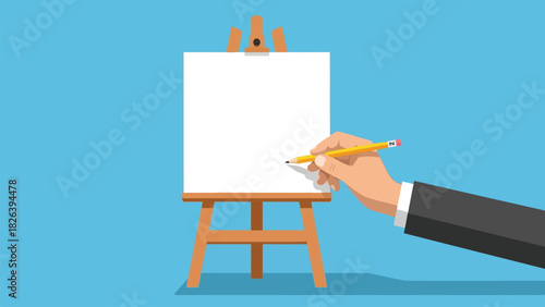 Hand Holding Pencil Ready to Draw on Blank White Canvas on Easel