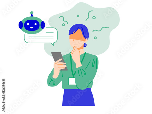 企業で働く女性がスマホの人工知能とチャットし依存しているイラスト。フラットデザイン
