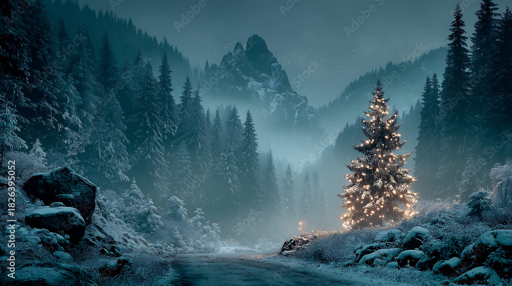 Fototapeta premium Illuminated christmas tree in a snowy mountain landscape at night time scene